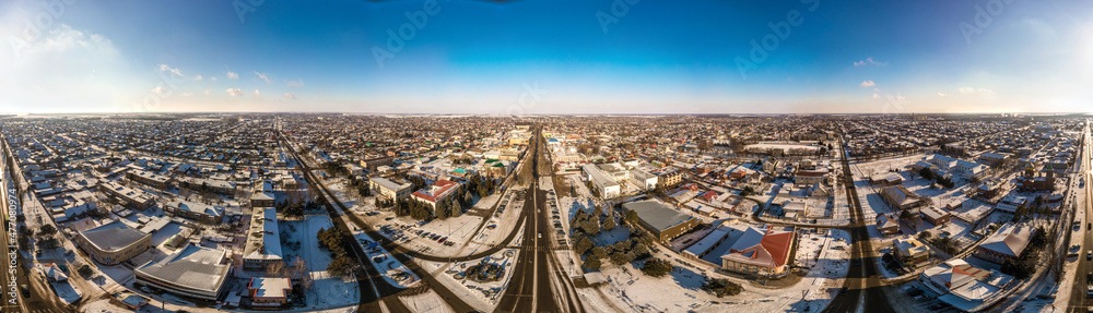 winter panoramic landscape of Korenovsk city center (South of Russia) - low-rise buildings