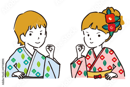 手書き線画カラーイラスト　着物の男の子女の子　上半身　ガッツポーズ