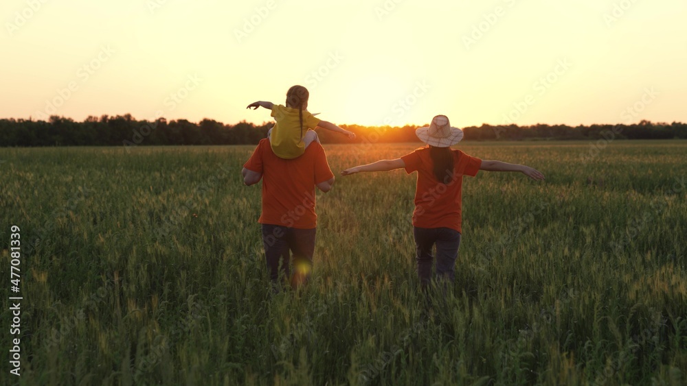 Happy family of farmers with a child run in a wheat field at sunset. Mom, dad and daughter walk holding hands in the summer outdoors in the park. A child on the shoulders of dad, a happy childhood.