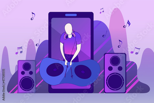DJ in nightclub playing music records on audio mixers or controller. Loudspeakers and music notes. Modern flyer concept for dance event and party. Vector design for banner, brochure or poster.