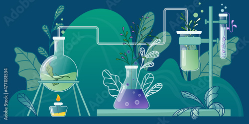 Chemistry laboratory. Glass flasks, vial, test-tube with substance and reagent. Science of plant research. Development of plants varieties. Concept of plant breeding. Vector. For posters and banner.