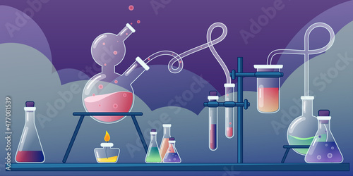 Chemical Laboratory with different glass flasks, vials, test-tubes with substance and reagents. Lab research, testing, studies in chemistry, physics, biology. Flat illustration. Background for poster.