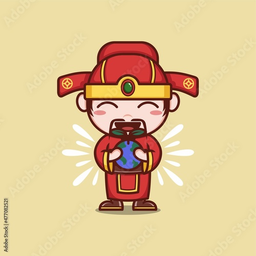 cute cartoon god caishen in Chinese New Year, cares about the preservation of the earth. vector illustration for mascot logo or sticker