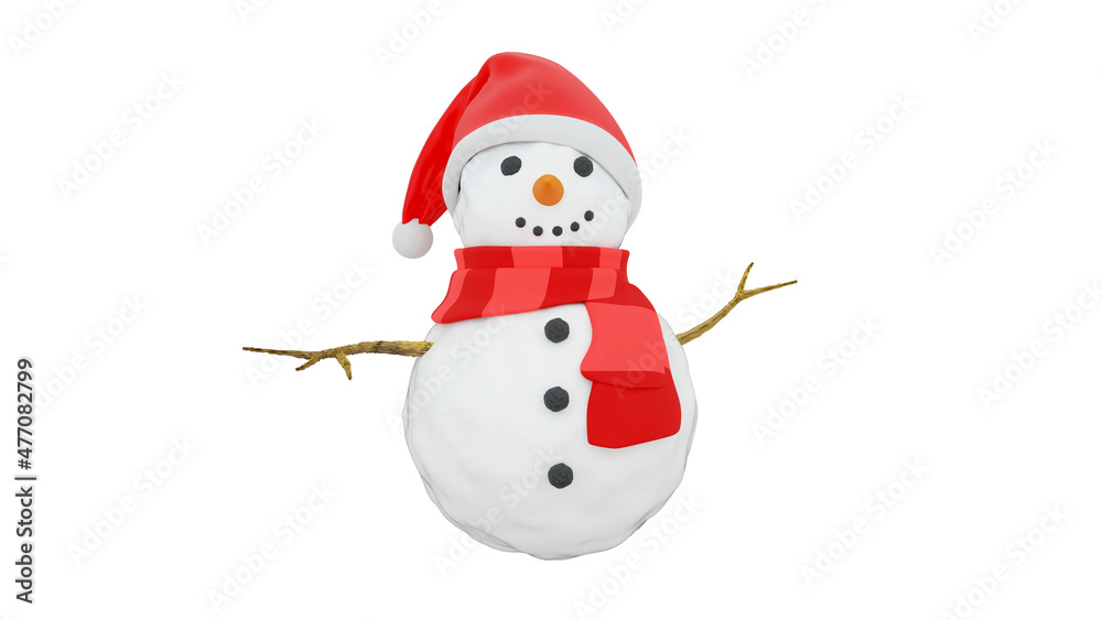 3D Little cute Snowman smile face  white snow body black eyes orange carrot nose wear red hat and scarf isolated on white for celebrate happy Christmas in winter season December and happy new year