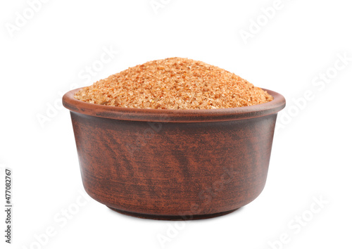 Pink salt with spices in bowl isolated on white