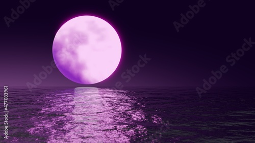 Violet super full moon emission glowing light reflect on river or ocean sea purple color in the dark night 3D rendering with copy space