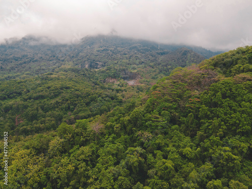 Aerial drone view of mist tropical rainforest in valley  Indonesia.