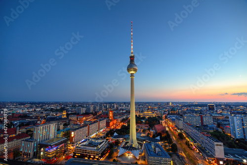 Panoramic view of the Berlin's TV tower and night Berlin.
