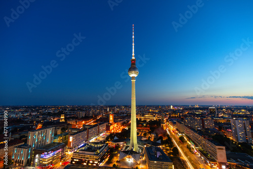 Panoramic view of the Berlin s TV tower and night Berlin.