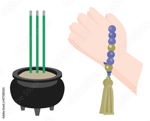 仏教の線香立てと合掌をする手