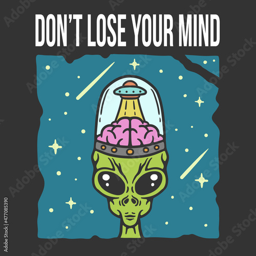 illustration of alien with brain protected by glass and absorbed by ufo