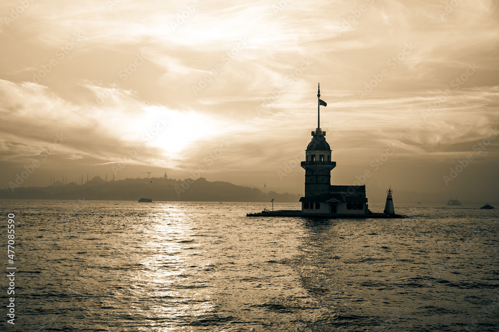Istanbul background photo. Monochorome Maiden's Tower or Kiz Kulesi background.