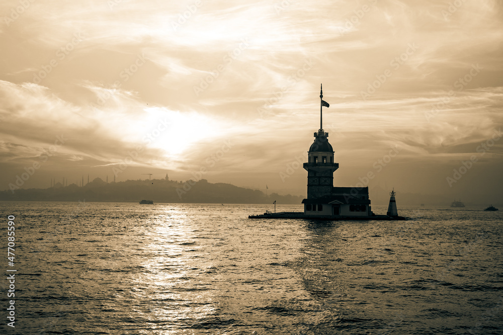 Istanbul background photo. Monochorome Maiden's Tower or Kiz Kulesi background. Istanbul background photo. Monochorome Maiden's Tower or Kiz Kulesi background.