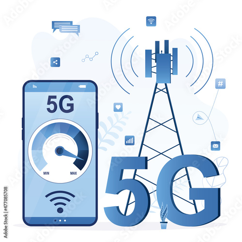5G internet high speed connection. Big smartphone with wireless internet. Network technology, very fast online mobile connection. Communication tower.