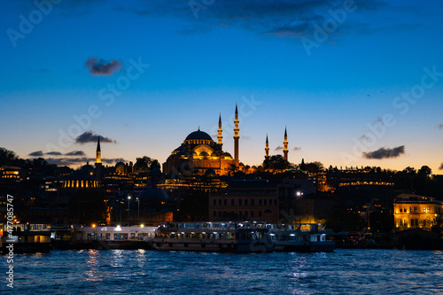 Ramadan in Istanbul. Suleymaniye Mosque and Istanbul at blue hours.