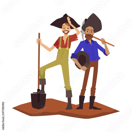 West Texas gold diggers or prospectors, flat vector illustration isolated.