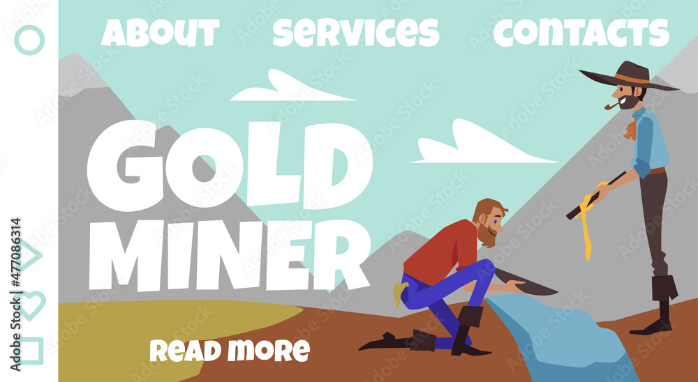 Gold miner or pitman website banner template, flat vector illustration. Gold miner or pitman website banner template, flat vector illustration.