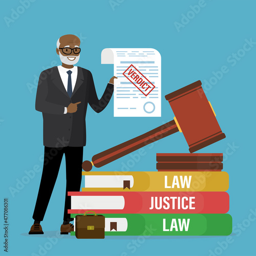 Stack of books and wooden gavel. Law and justice, banner. Lawbooks, hammer for judgment verdict. Lawyer holds paper with a court decision. Male notary or attorney.