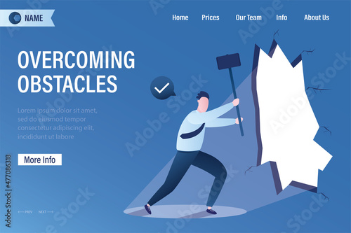 Overcoming obstacles, landing page template. Businessman using big hammer punched hole in wall. Goal achievement, business strategy. Leadership, successful overcoming of problems. V