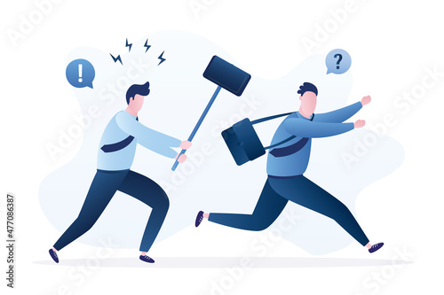 Angry businessman chasing office man with a sledge hammer. Business revenge and anger concept. Punishment for poor performance. Funny male characters. photo