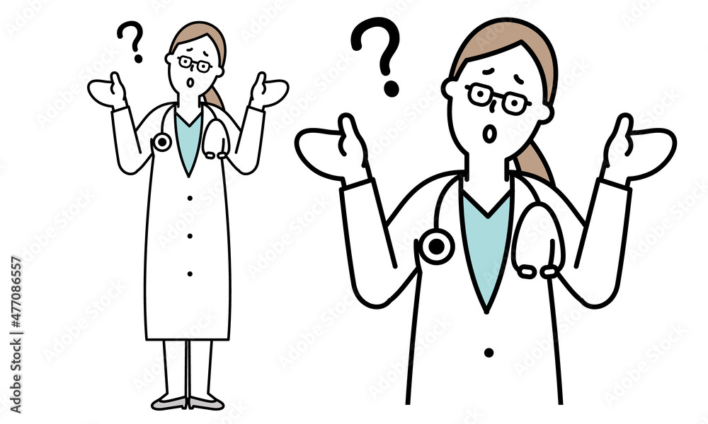 首を傾げてWhy?のポーズをする白衣で聴診器を首からかけた女性の医者のイラスト素材。 首を傾げてWhy?のポーズをする白衣で聴診器を首からかけた女性の医者のイラスト素材。