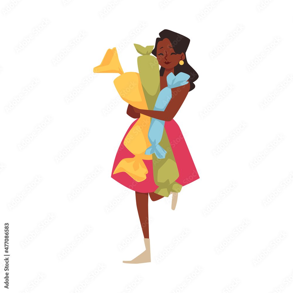 Happy woman holds and hugs candies, cartoon flat vector illustration isolated on white background.