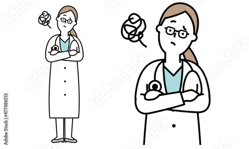 腕組みをして悩んでいる白衣で聴診器を首からかけた女性の医者のイラスト素材。