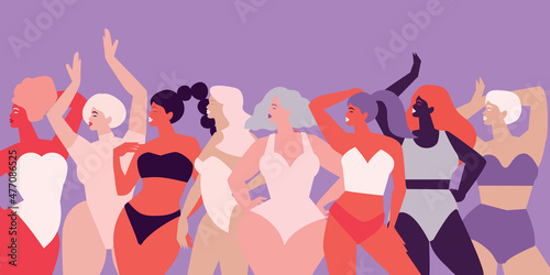 Womens of different cultures dancing or standing together. Women's friendship. Happy Women's day. Mother's Day. Venera, Venus female. Body positive. Underwear. Purple. Veri pery.