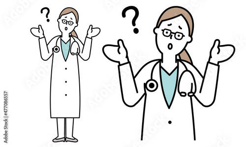 首を傾げてWhy?のポーズをする白衣で聴診器を首からかけた女性の医者のイラスト素材。