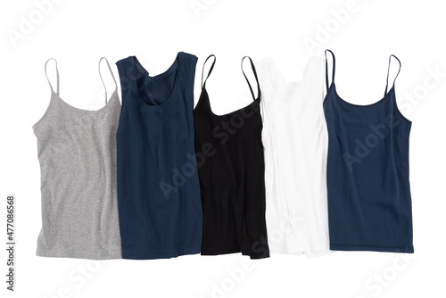 White, grey, blue and black color women camisole group isolated on background photo