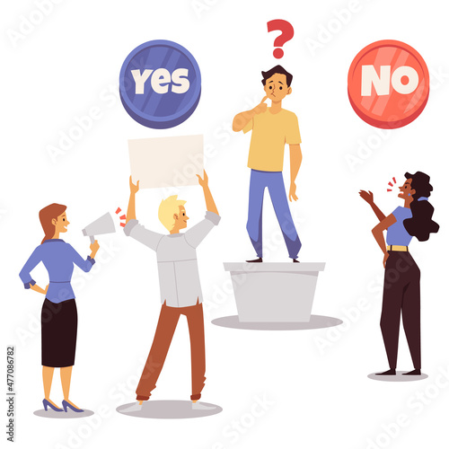 People convince man to make choice or decision, flat vector illustration isolated on white background.