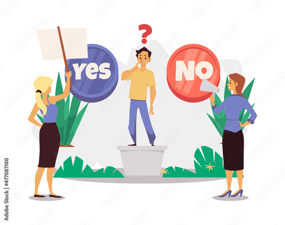 Man choosing which button to push - yes or no, flat vector illustration isolated on white background.