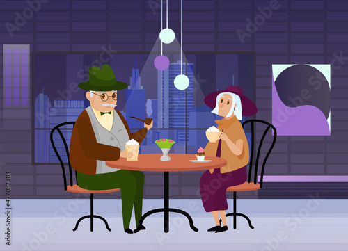 Elderly seniors couple having restaurant dinner. Relaxing retirement people spending time leisure