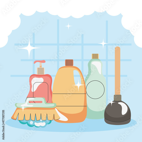 bathroom with cleaning supplies