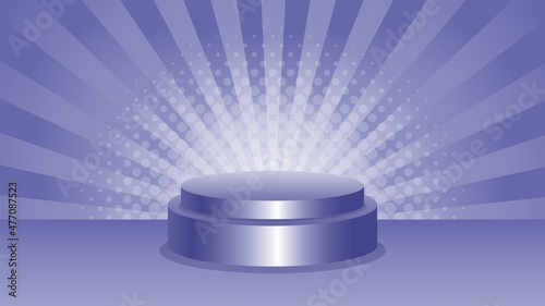 Vector pop art background in a trend color very peri with podium and radial lines and dots