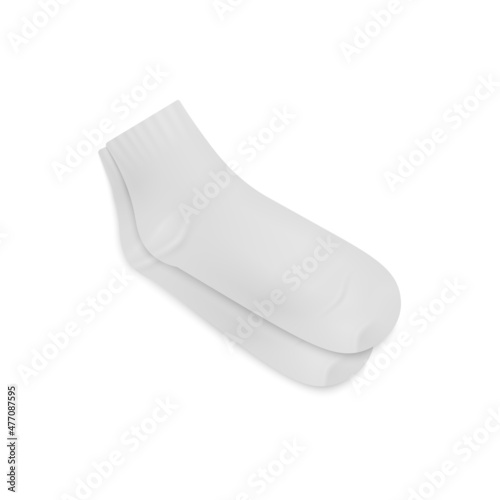 White sport socks 3d vector mockup. Pair of ankle length socks lying isolated on white background, realistic template.