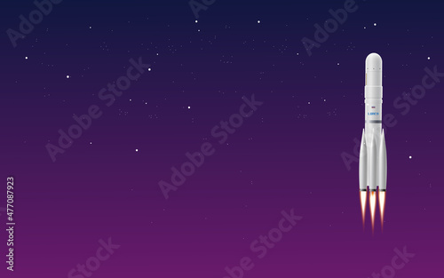 Space rocket launch in purple gradient sky at night, 3D realistic vector concept. Space tourism horizontal banner.