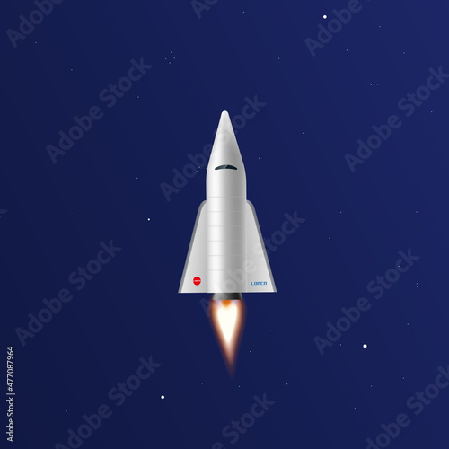 Space shuttle launch at nighttime starry sky. Rocket after start is flying up vertical, with night sky as a background.
