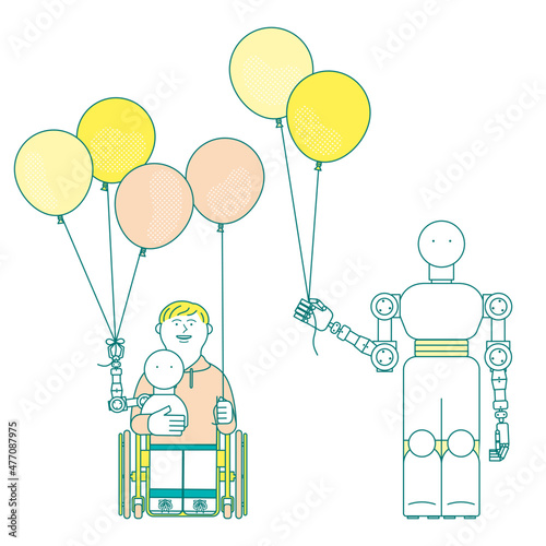 車椅子を使用する男の子とロボット
