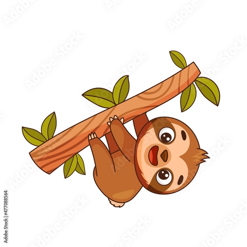 Little sloth hangs on a branch and smiles. Postcard in children's cartoon style. Vector illustration for designs, prints and patterns. Vector illustration