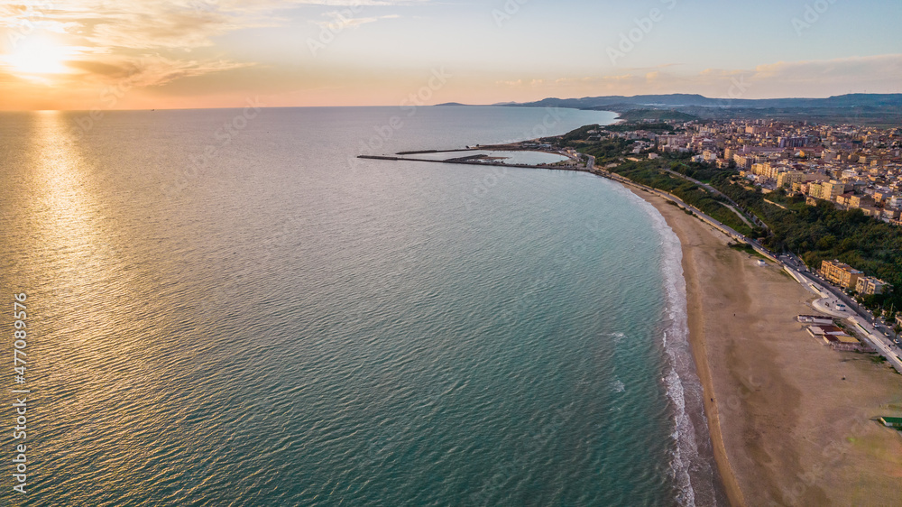 Aerial View of Mediterranean Sea at Sunset in Gela City, Caltanissetta, Sicily, Italy, Europe