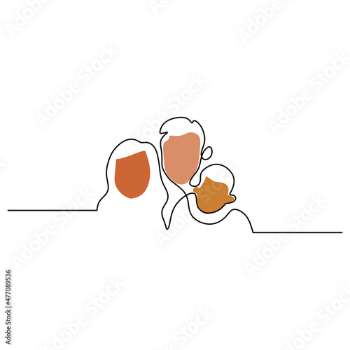 Continuous one single line of mother, father and their son isolated on white background.