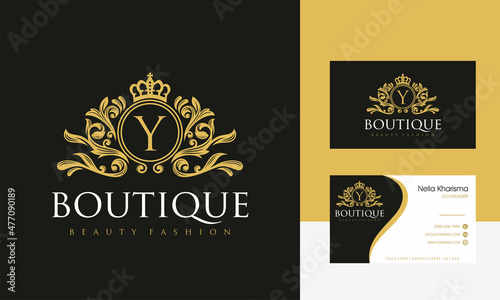 Luxury logo monogram crest template design vector illustration. Royal brand vintage vignette ornaments.