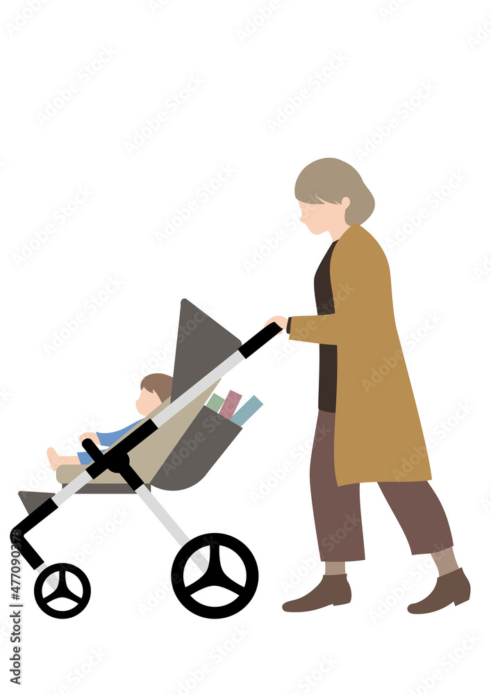 赤ちゃんと、本が入ったベビーカーを押すシニア女性（帰省や３世代家族のイメージに）