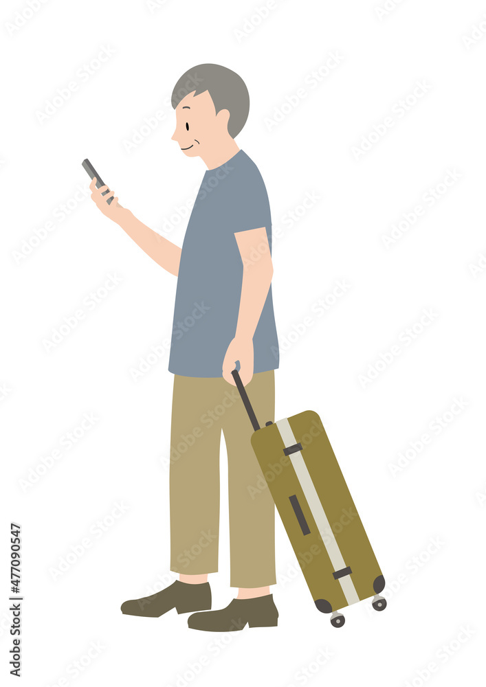 スーツケースを手に、携帯電話の画面を見るシニア男性(旅行等のイメージに) スーツケースを手に、携帯電話の画面を見るシニア男性(旅行等のイメージに)