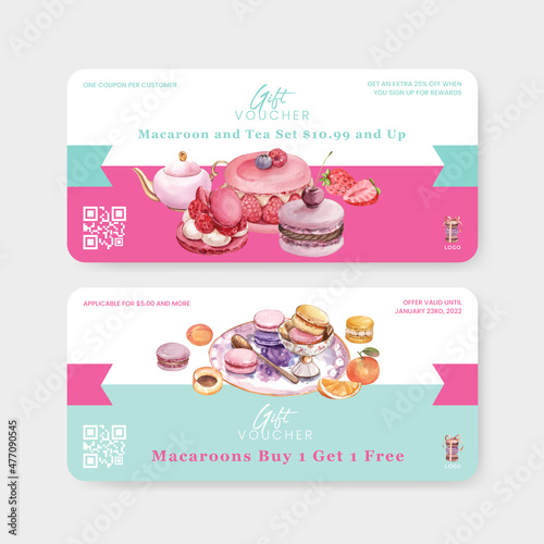 Voucher template with macaron sweet concept,watercolor style