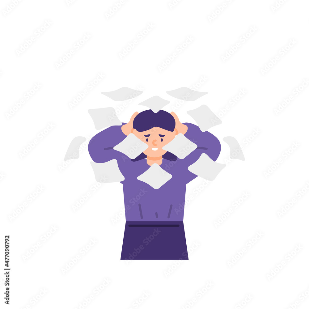 illustration of a worker or employee who is dizzy because he still has a lot of work to do. too much work. stress and depression due to workload. holding head due to headache. like a flat cartoon illustration of a worker or employee who is dizzy because he still has a lot of work to do. too much work. stress and depression due to workload. holding head due to headache. like a flat cartoon
