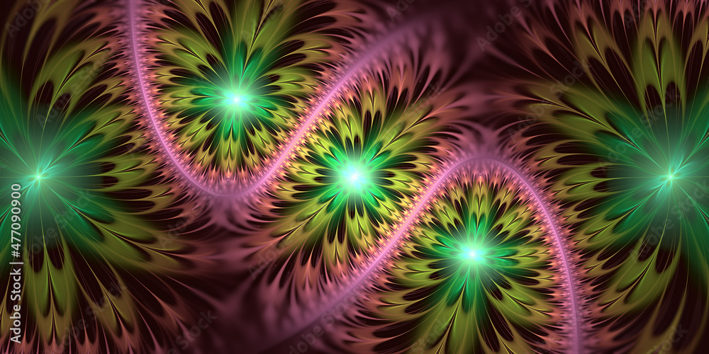 Fototapeta premium Abstract fractal art background banner. Psychedelic pattern, perhaps suggestive of flowers or feathers.multi-coloured, multi-colored, multicoloured, multicolored