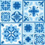 Ceramic majolica tiles pattern in blue cobalt colors. Azulejo, Spanish patchwork, floral ornaments, Portuguese background. Decorative kitchen pottery design, vector illustration.