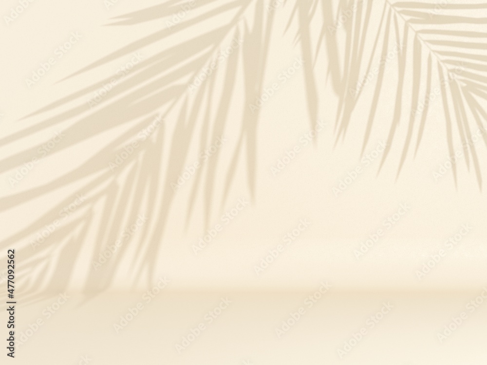 Fototapeta Tropical palm leaves on light pastel background. Unobtrusive botanical background with shadow on the wall - trend frame, cover, card, postcard, graphic design - 3D, render, illustration.